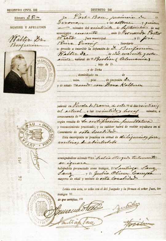 Свидетельство о смерти Вальтера Беньямина